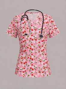 PopScrub Fun Cherry Ditsy Floral Pink Print Casual Women's Scrub Uniform Top - Multicolor - View 1