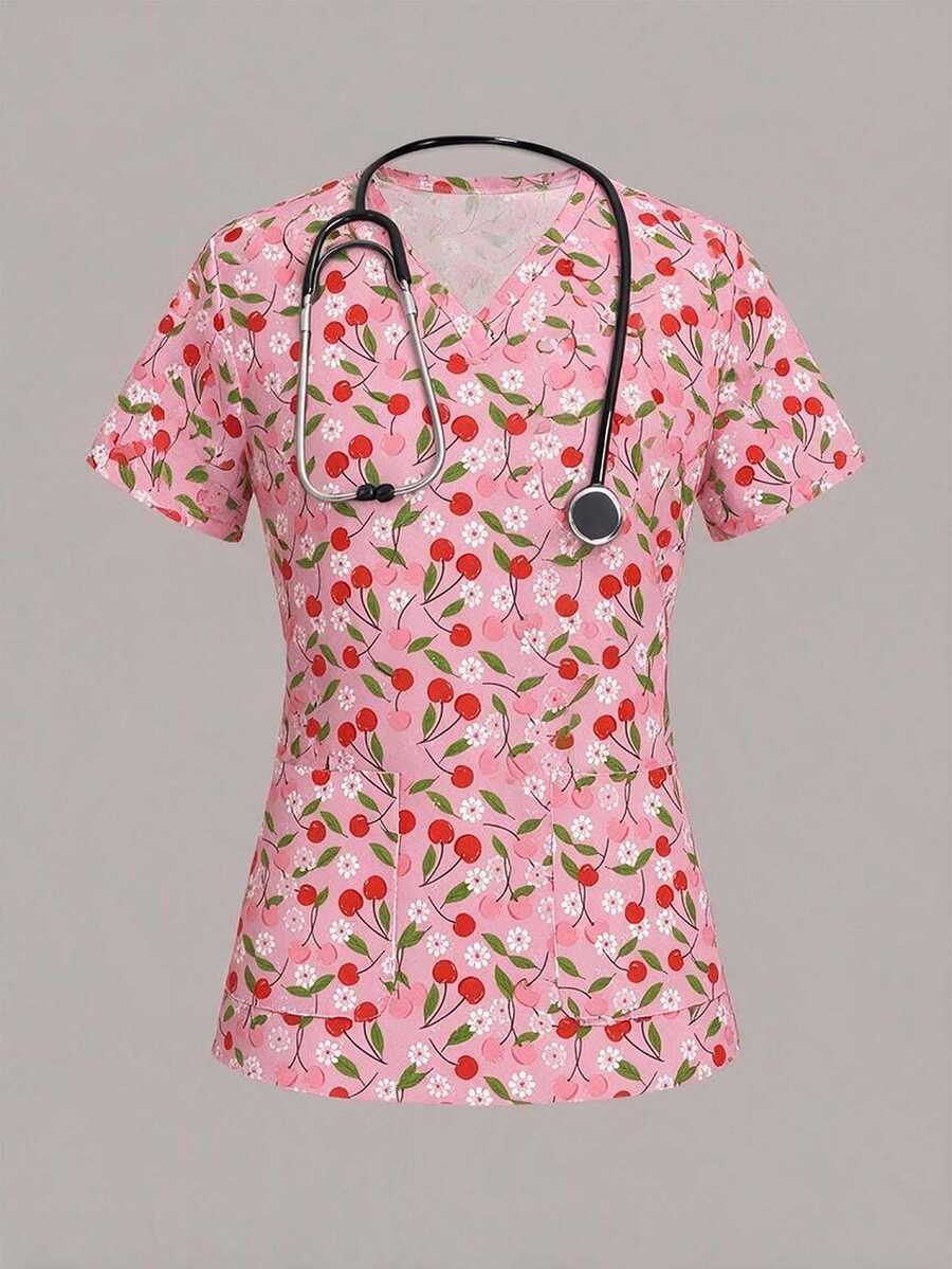 PopScrub Fun Cherry Ditsy Floral Pink Print Casual Women's Scrub Uniform Top - Multicolor - View 1