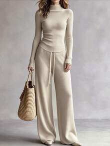 SHEIN Women's Solid Color Half-High Neck Long Sleeve Fitted Sweater And Waist Tie Knit Pants 2 Pieces Set - Apricot - View 3