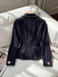 GlowEve Women's Long Sleeve V-Neck Button-Up Fitted Fashion Denim Top - Blue - View 2
