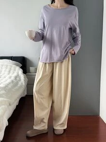 DAZY Women's Loungewear Set Comfortable Dual-Color Solid T-Shirt And Pants - Dusty Purple - View 10