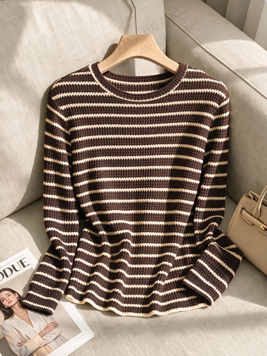 Rusticease Women's Striped Crew Neck Long Sleeve Casual T-Shirt - Black - View 1