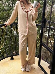 Livesso Women's Contrast Trim Ruffle Collar Single-Breasted Long Sleeve Top & Casual Long Pants Pajama Set - Pink - View 7