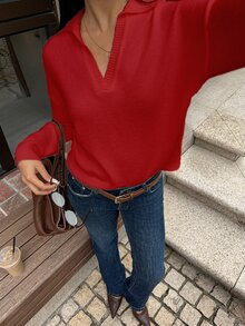 Autumina 女款素色V領寬鬆大碼針織套頭毛衣，長袖上衣，秋冬款 - 紅色 - 查看 3