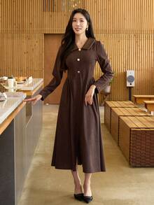 DAZY Women's Slim Fit Elegant Corduroy Mid-Length Dress - Brown - View 1