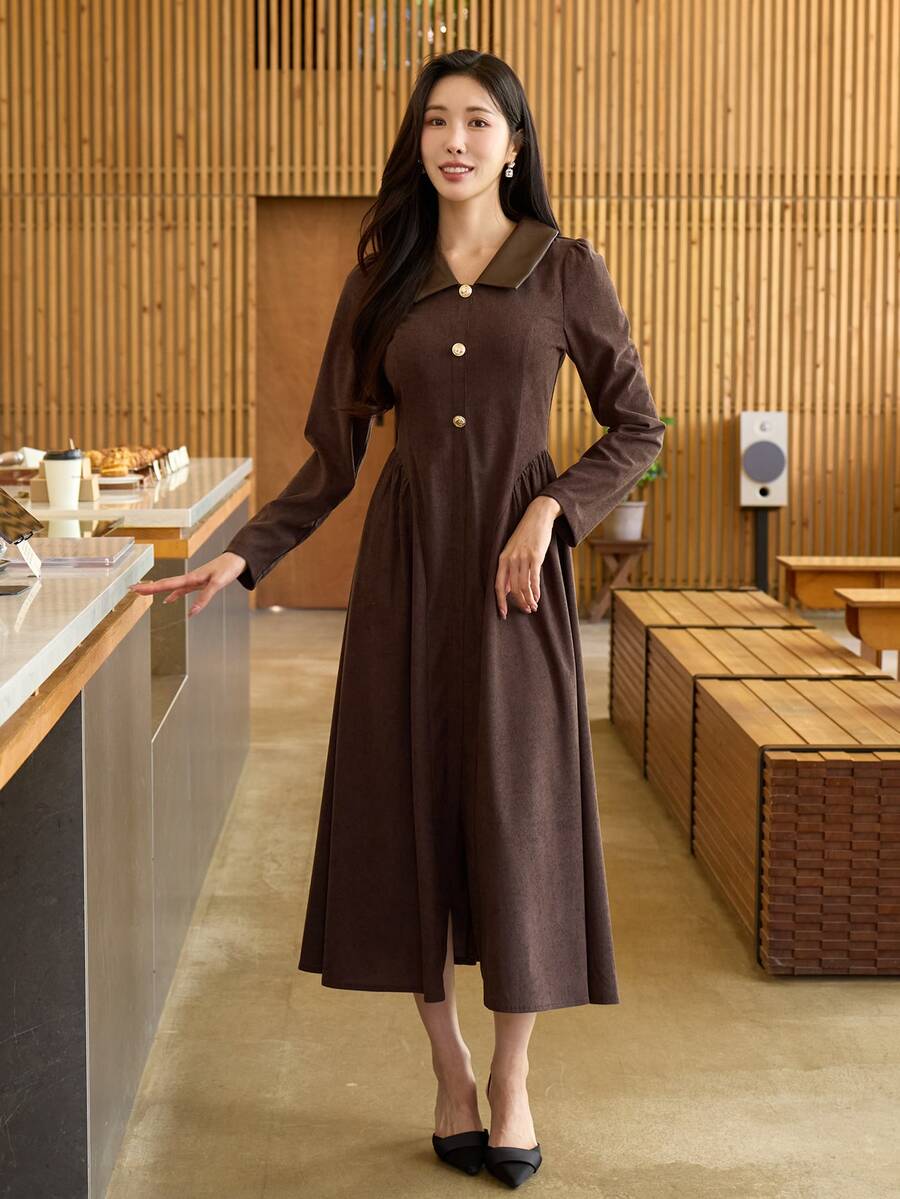 DAZY Women's Slim Fit Elegant Corduroy Mid-Length Dress - Brown - View 1