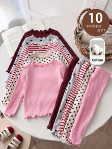 SHEIN LMoss Kids Baby Girl Knit Solid Color Polka Dot Striped Heart Pattern Ruffle Trim T-Shirt And Long Pants 10pcs -Piece Set - Burgundy - View 1