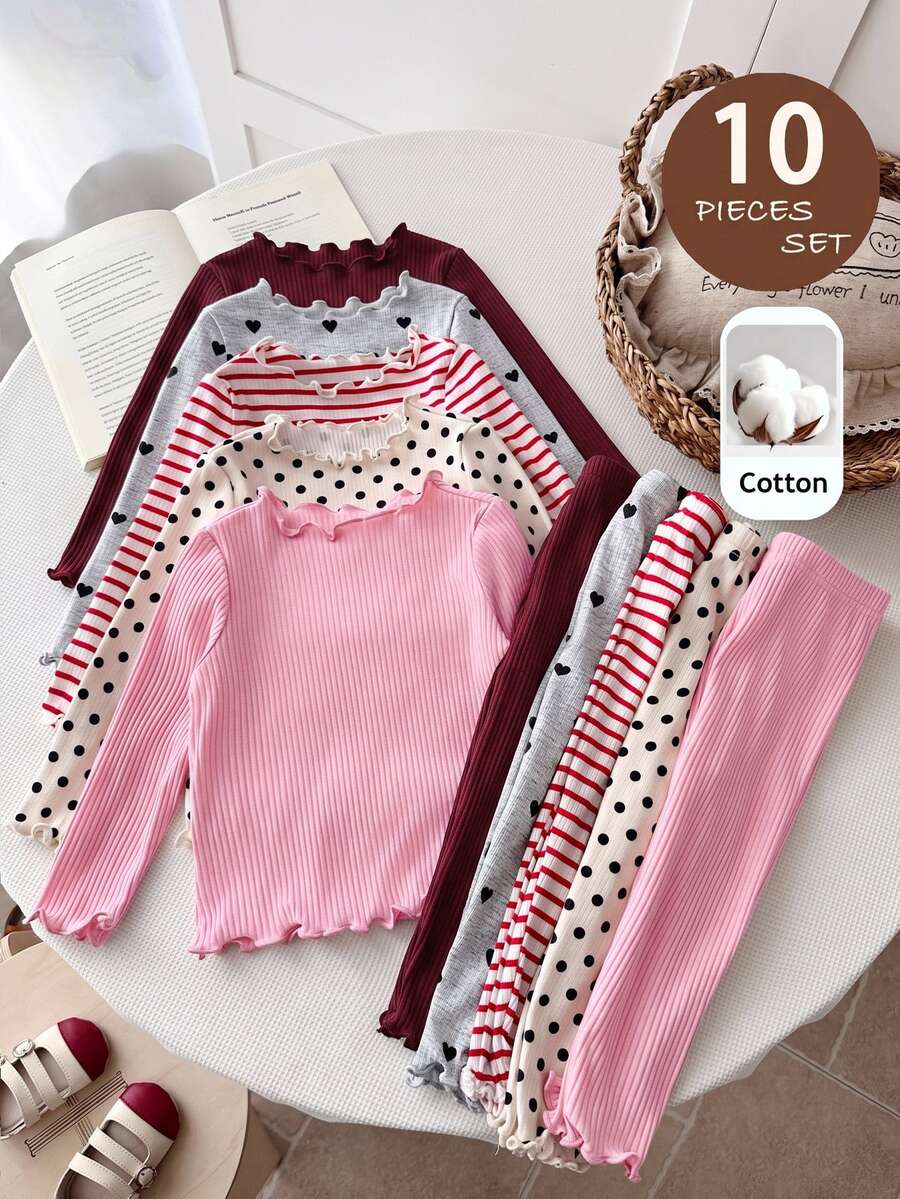 SHEIN LMoss Kids Baby Girl Knit Solid Color Polka Dot Striped Heart Pattern Ruffle Trim T-Shirt And Long Pants 10pcs -Piece Set - Burgundy - View 1