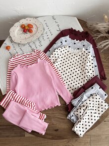 SHEIN LMoss Kids Baby Girl Knit Solid Color Polka Dot Striped Heart Pattern Ruffle Trim T-Shirt And Long Pants 10pcs -Piece Set - Burgundy - View 6