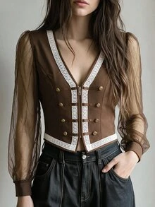 LUMIGAL Women's Colorblock Mesh Patchwork Casual Daily Outerwear - Coffee Brown - View 3