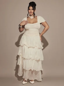 Gossip Girl X SHEIN SHEIN BAE CURVE Plus Size Women's Ruffle Pleated Fashion Party Long Dress - Apricot - View 3