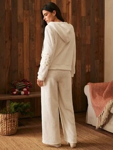 Lullawish Bohemian Style Women's Hooded Zip-Up Floral Patchwork Fleece Top And Fleece Long Pants Pajama Set - Apricot - View 2