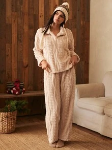 Lullawish طقم بيجامة نسائي من القطن الناعم والفليس الجاكار والفليس المرجاني بأكمام طويلة - لون مشمشي - مشاهدة 4