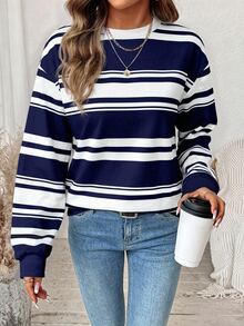 SHEIN LUNE 女款拼色休閒百搭日常長袖運動衫 - 白色 - 查看 2