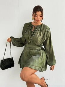 Firerie Plus Size Ruched Tie Waist Ruffle Hem Dress - Green - View 3