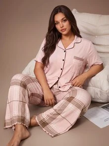 Lazeform Plus Size Button-Up Frill Trim Cardigan And Plaid Loose Fit Long Pants Pajama Set - Pink - View 5