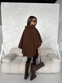 Aloruh Women's Elegant Fashionable Cape Style Dark Coffee Overcoat - Brown - View 8