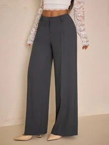 SHEIN PETITE Women's Solid Color Casual Daily Commute Travel Suit Pants - Light Grey - View 6