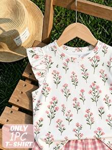 Girls Sweet Floral Flutter Sleeve T-Shirt - White Casual Outing Top, Autumn New Design, Suitable For Christmas And Halloween, All-Season Wear, Cute Holiday And Daily - Black - View 4