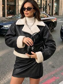 Struktiv Women's Autumn/Winter Fashion Casual Short Long Sleeve Jacket With Faux Fur Lining, Cuffs And Hem Design, Suitable For Daily Commute And Outings, Regular Fit - Black - View 1