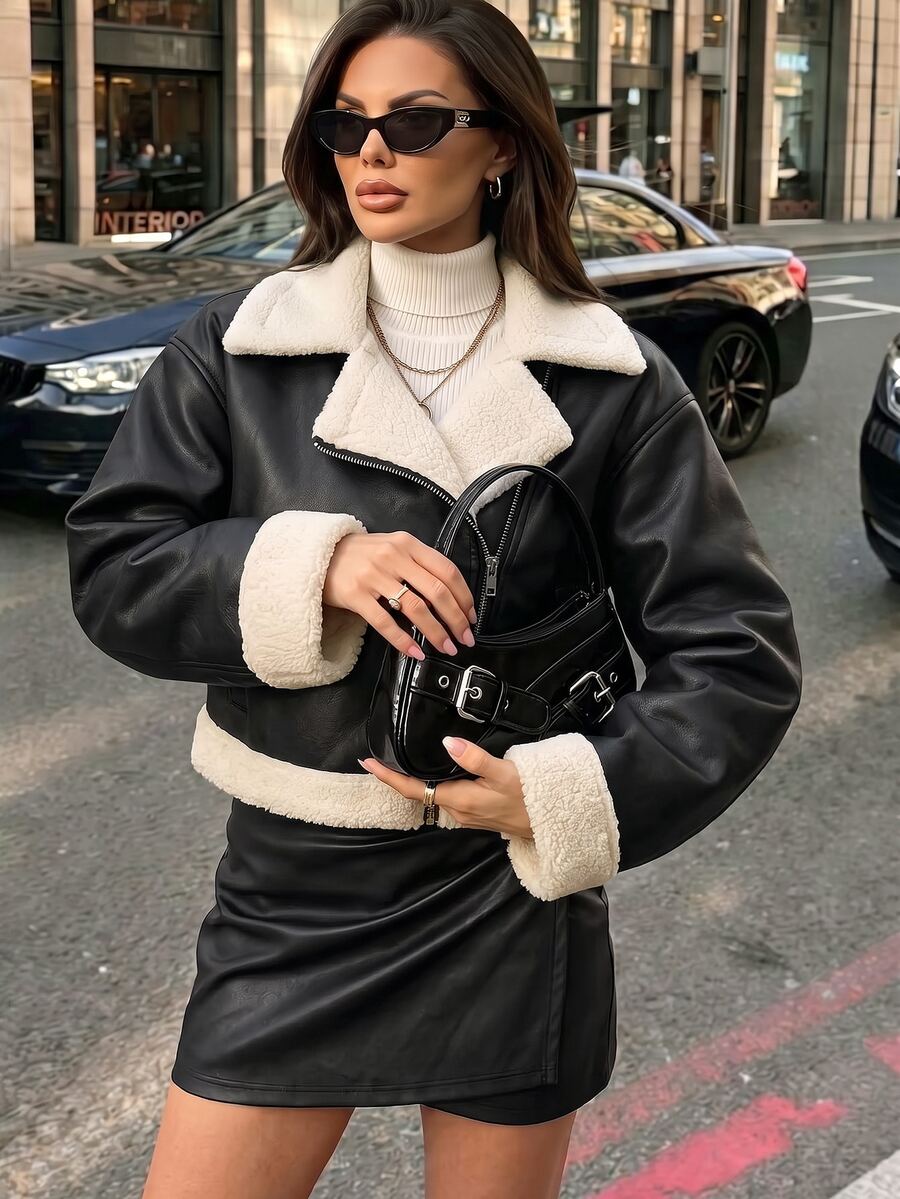 Struktiv Women's Autumn/Winter Fashion Casual Short Long Sleeve Jacket With Faux Fur Lining, Cuffs And Hem Design, Suitable For Daily Commute And Outings, Regular Fit - Black - View 1