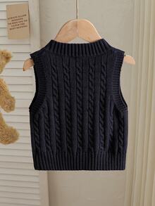 SHEIN 女童粉色刺繡背心毛衣，圓領，適合搭配裙子，適合秋冬春夏穿著的套頭衫 - 藏蓝色 - 查看 2