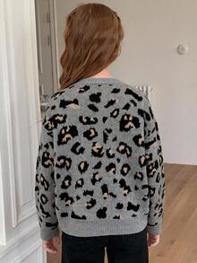 Hapijoa Tween Girl) Leopard Print Contrast Color Open Front Thick Knit Cardigan Sweater, Autumn/Winter - Grey - View 5