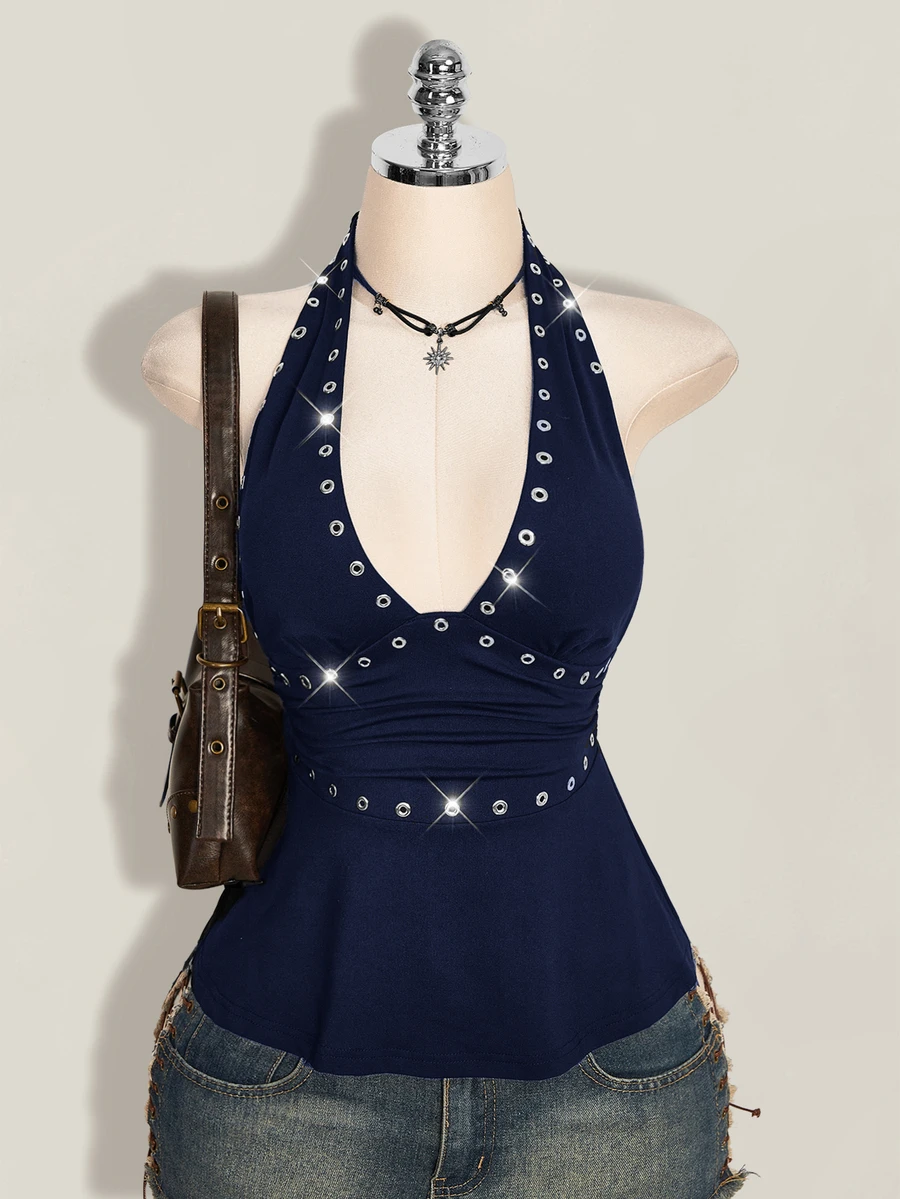 SHEIN ICON 萬聖節女性掛脖露背黑色與銀色娃娃裝背心,適合夜店、派對、夏季性感穿搭 - 藏蓝色 - 查看 1