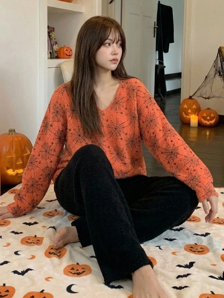 DAZY Halloween Pattern Knit Autumn/Winter 5-Piece Casual Outfit Set For Women - Orange - View 1