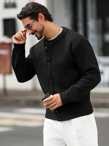 Marvello Homme 男士前開扣長袖開襟衫 - 黑色 - 查看 6