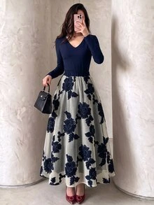 Modelyn Women's Elegant Autumn Solid Color V-Neck Long Sleeve Fitted Top & 3D Floral Mesh Midi Skirt 2 Pieces Set, Date & Commute Vibe - Navy Blue - View 1