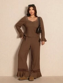 Elaquor Plus Size Women Solid Color Long Sleeve Ruffle Lace Top And Pants 2 Pieces Set - Mocha Brown - View 4