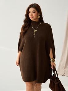 Auralis Plus Size Sweater Dresses/Brown Plus-Size Knee-Length Knit Dress – Loose Cape-Style, High-Stretch, Stand Collar – Suitable For Parties & Dates - Brown - View 5