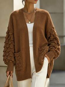 Penseblé Women's V-Neck Loose Knit Cardigan With 3D Fish Scale Texture, Puff Sleeves, Pockets, Slouchy Outerwear Sweater Jacket - Brown - View 1