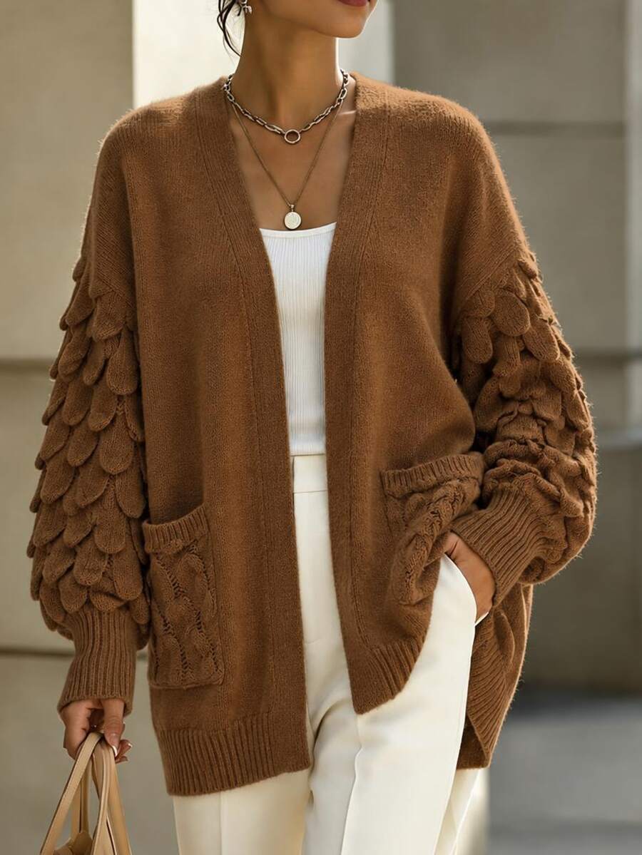 Penseblé Women's V-Neck Loose Knit Cardigan With 3D Fish Scale Texture, Puff Sleeves, Pockets, Slouchy Outerwear Sweater Jacket - Brown - View 1
