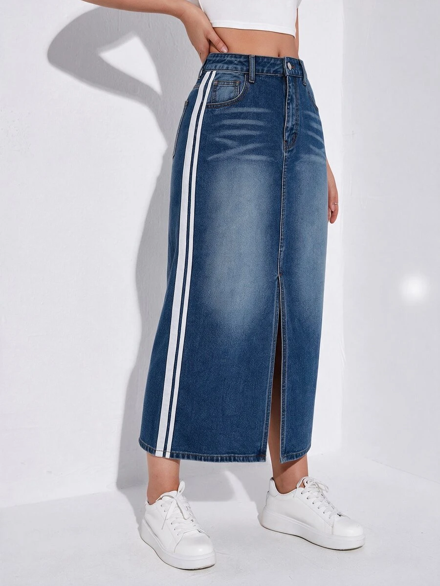 SHEIN تنورة جينز كاجوال للنساء مع جيوب جانبية وحافة مخططة وفتحة - الأزرق - مشاهدة 1