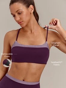 GLOWMODE FeatherFit™ Gingham Glow Soft Sweat-Wicking Gingham Trim Sports Bra With Varsity Style Logo Removable Cups Low Impact Yoga Studio Pilates Daily Wear - Bold Plum - View 2