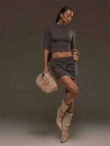 MUSERA Grey Knit Crop Top With Belt Detail Mini Skirt Co Ord Sold As Set Fall Autumn Winter Cool Outfits - Grey - View 2