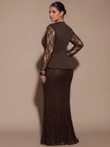 SHEIN BAE CURVE فستان حفلة كاجوال للنساء بمقاسات كبيرة مع تطريز دانتيل - بني - مشاهدة 6