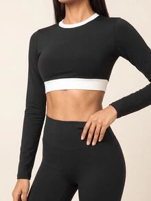 SHEIN BAE تي شيرت رياضي كاجوال يومي بأكمام طويلة وتصميم ألوان متباينة للنساء - الأسود - مشاهدة 1