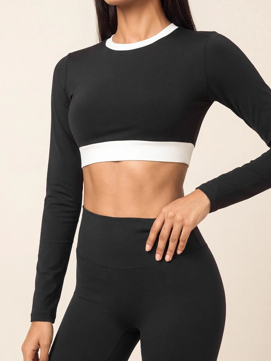 SHEIN BAE تي شيرت رياضي كاجوال يومي بأكمام طويلة وتصميم ألوان متباينة للنساء - الأسود - مشاهدة 1