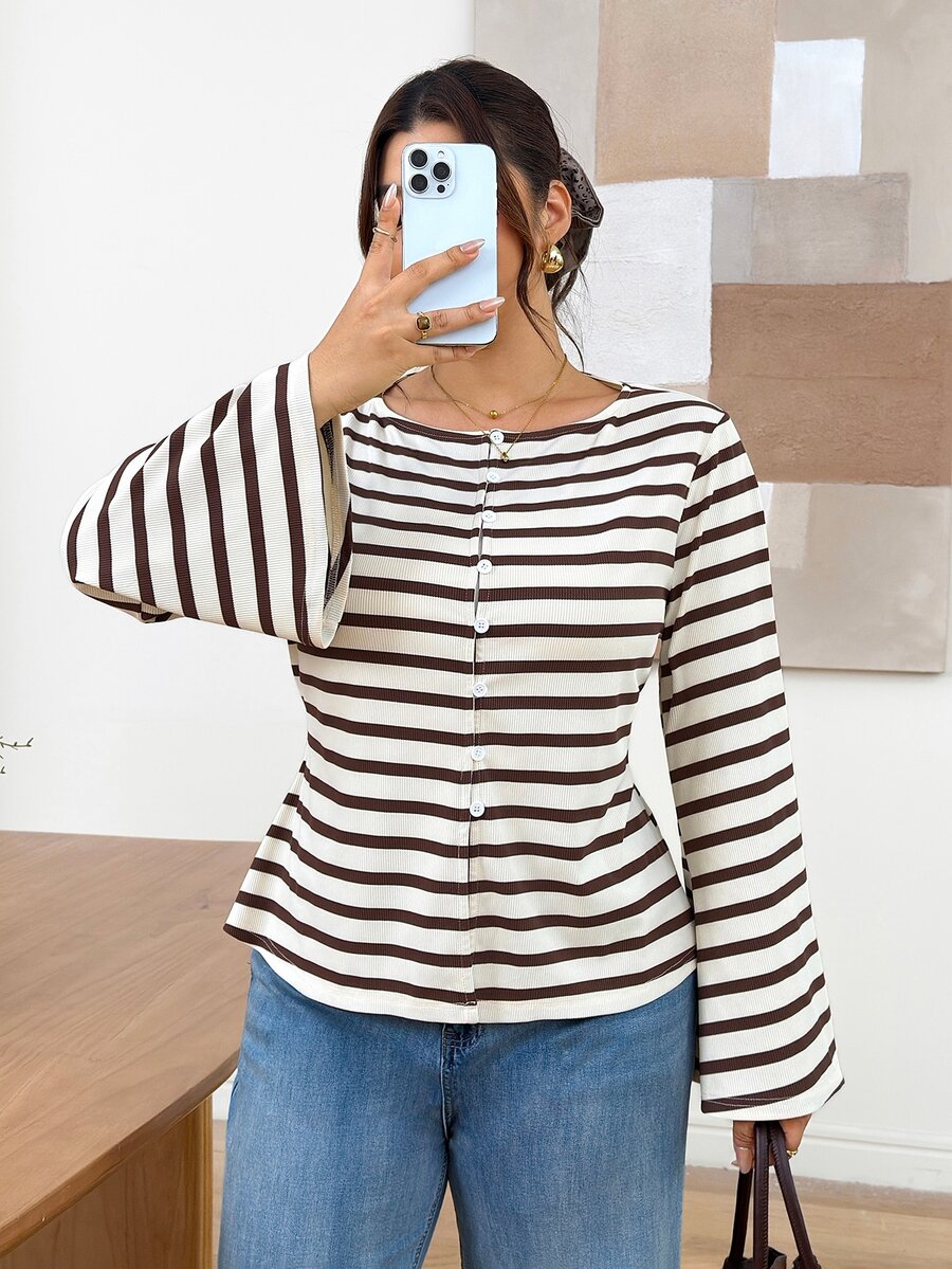 SHEIN Frenchy Plus Size Women's Striped Casual Everyday Outing Shirt - Multicolor - View 1