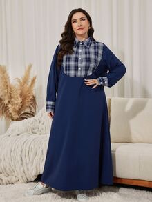 Lacomfia Plus Size Plaid Patchwork Button Half-Placket Dress - Blue - View 3