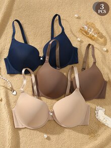 EmpressEnvy 3pcs Plus Size Comfortable Seamless Smooth Push-Up Underwire Bra Set For Daily Casual Wear - Multicolor - View 1