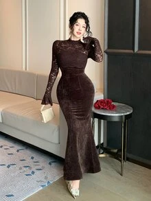 DAZY Women's Sexy Lace Patchwork Mermaid Hem Dress - Brown - View 5