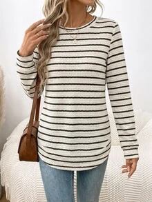 SHEIN LUNE Women's Casual Crew Neck Sweatshirt With Asymmetrical Hem, Textured Jacquard Striped Fabric, Suitable For Autumn/Winter - Olive Green - View 2