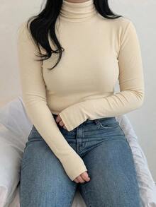 Dazy Plus Korean Style Autumn/Winter New High Neck Slim Fit Base Layer T-Shirt - Beige - View 3