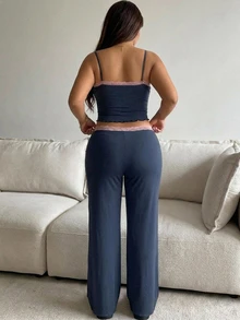 Dazy Plus Plus Size Women Lace Patchwork Bow Decor Sleeveless Camisole And Long Pants Loungewear Pajama Set - Dusty Blue - View 5