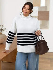 Lounesse Plus Size Women's Stand Collar Colorblock Horizontal Striped Casual Loose Versatile Pullover Sweater Winter - Multicolor - View 3