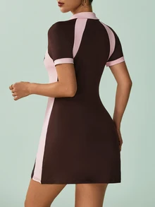 SHEIN Sovereign Charm 2pcs Women's Summer Sports Dress, Fitted Contrast Color Polo Collar, Side Patchwork, Short Sleeve A-Line With Detachable Shorts And Pockets, Running - Multicolor - View 6